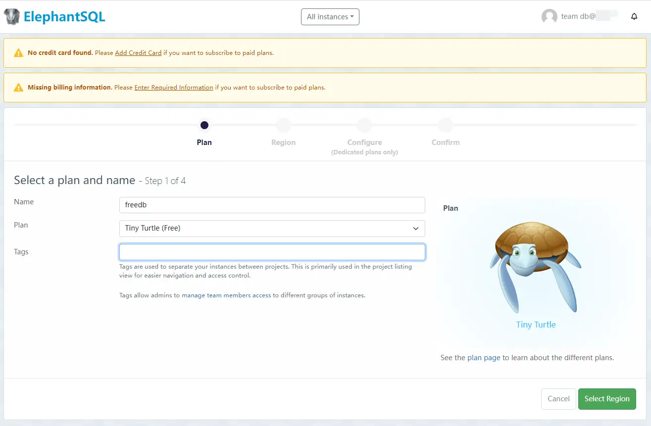 elephantsql.com create instance select plan