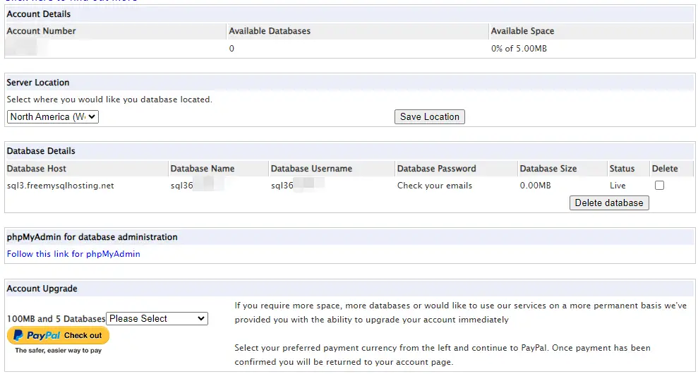 freemysqlhosting Account Details freemysqlhosting Account Details