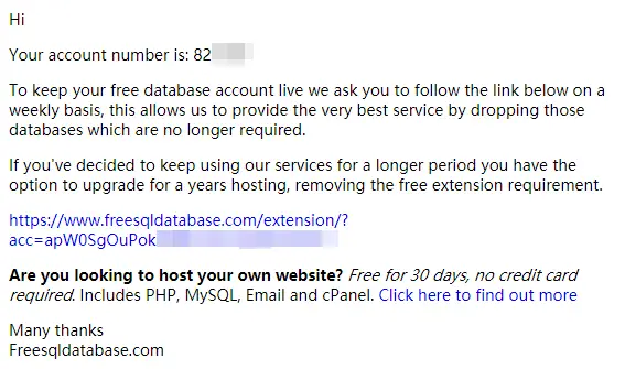 freesqldatabase.com Account Extension email freesqldatabase.com Account Extension email