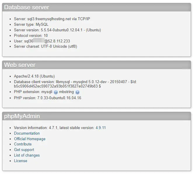 phpmyadmin.co database server version phpmyadmin.co database server version